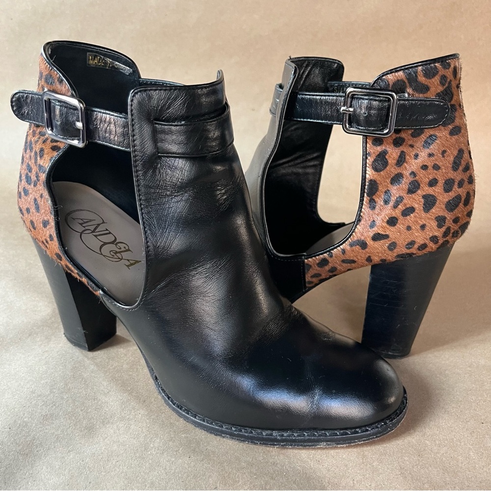 { Anthropologie } Candela Gala Boot in Black Leather / Leopard Calf Hair, size 7